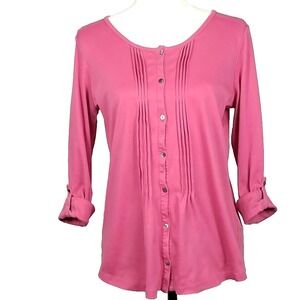 LL BEAN S Pink Supima Cotton‎ Shirt Pintucks Button Up Roll Tab Sleeves Cottage